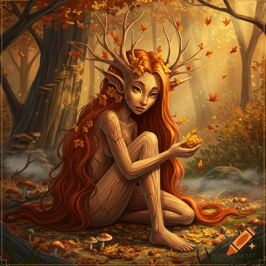 A red-haired dryad with wooden skin and antlers sits in an autumn forest, surrounded by fallen leaves and mushrooms.