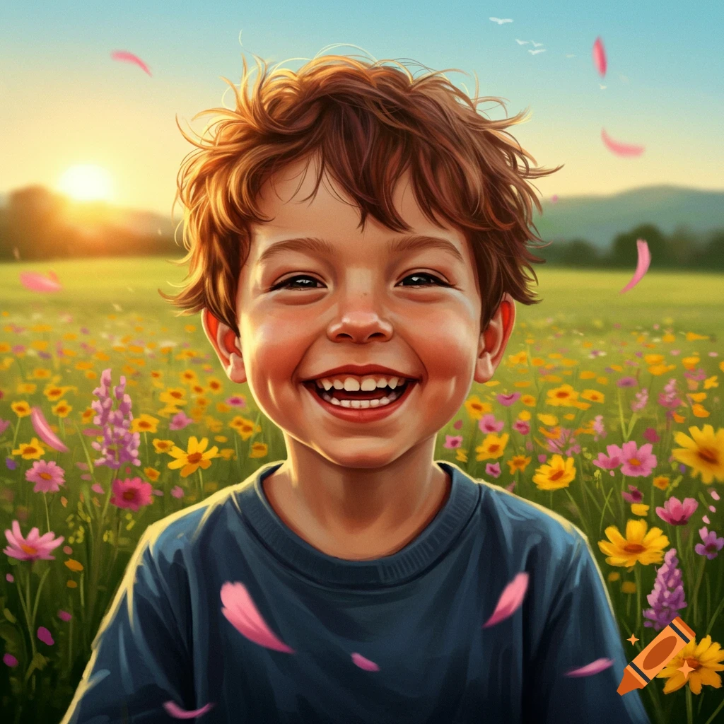 A smiling boy with curly brown hair in a vibrant field of wildflowers at sunset.
