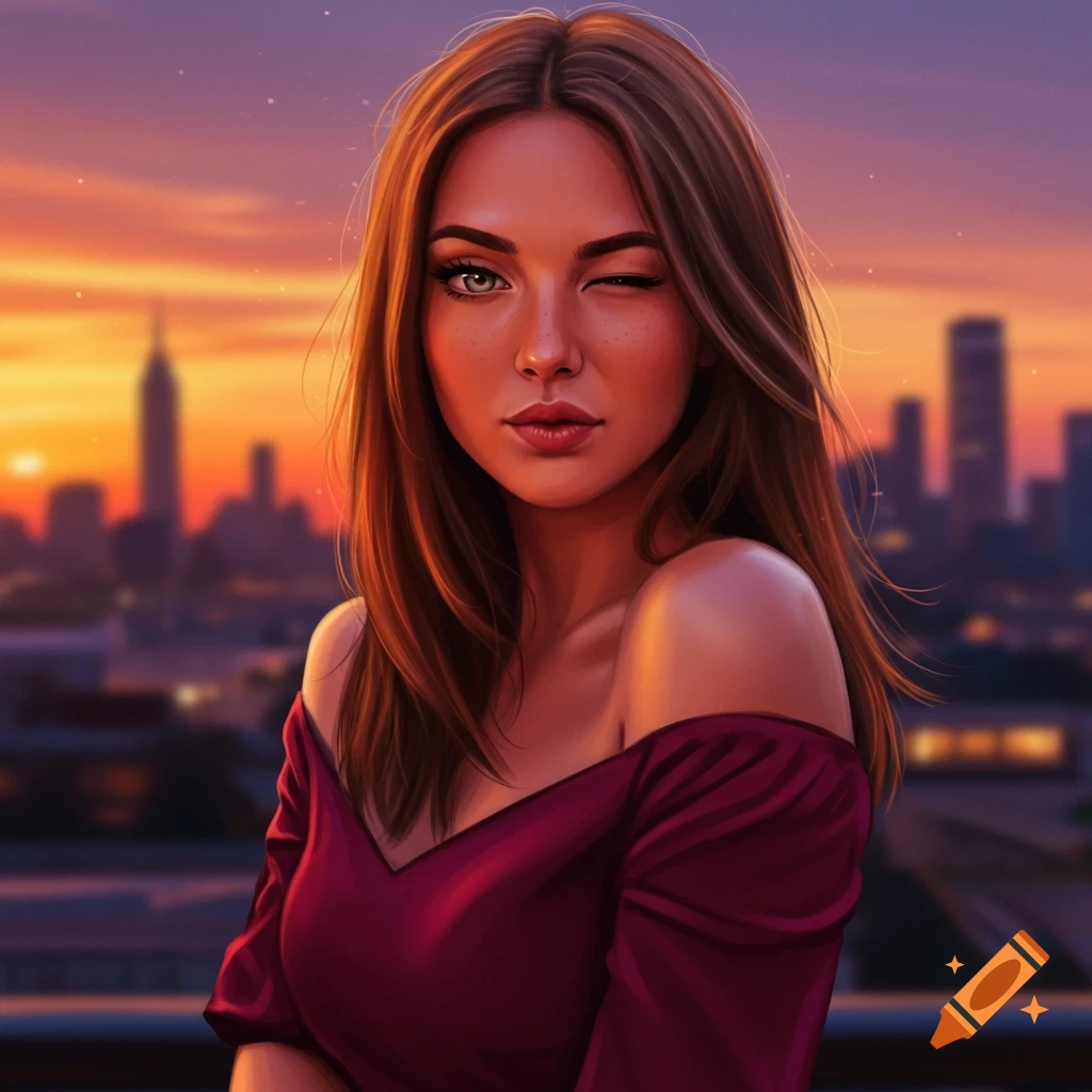 Digital art portrait of a young woman winking, with a sunset cityscape in the background.
