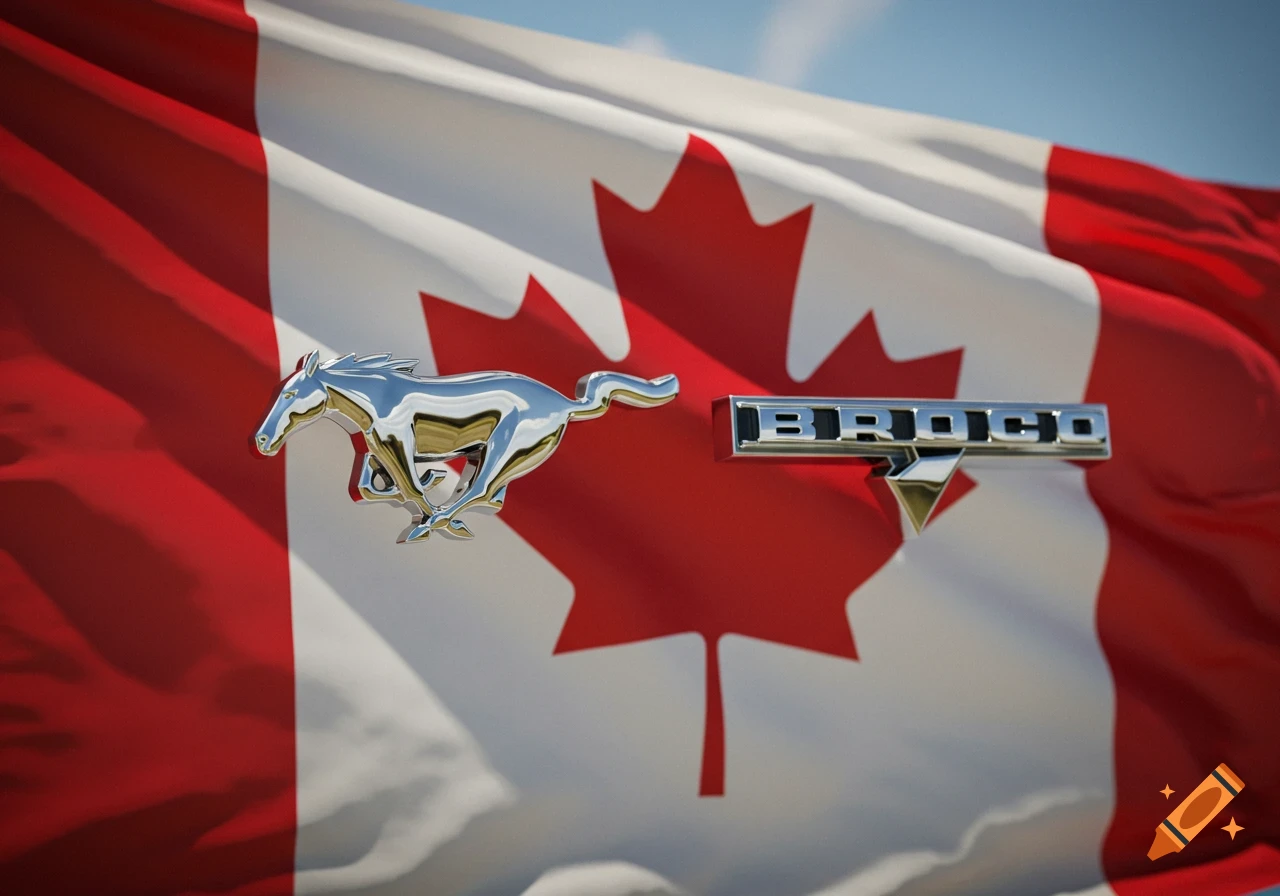 Photorealistic image of a chrome Ford Mustang emblem and a chrome 'BROCO' emblem against a waving Canadian flag.