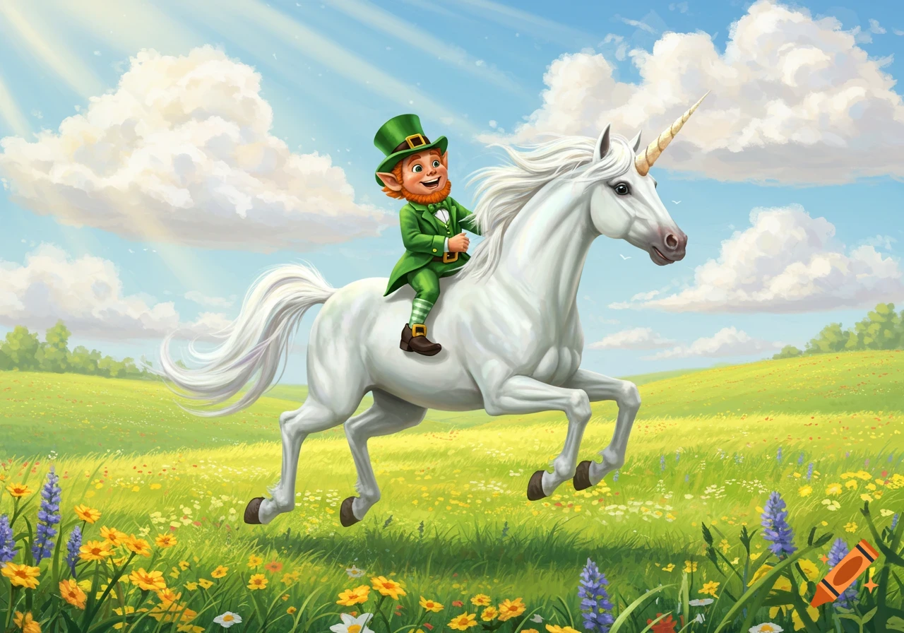 An animated leprechaun in a green suit rides a white galloping unicorn through a sunny, flower-filled green meadow under a blue sky.