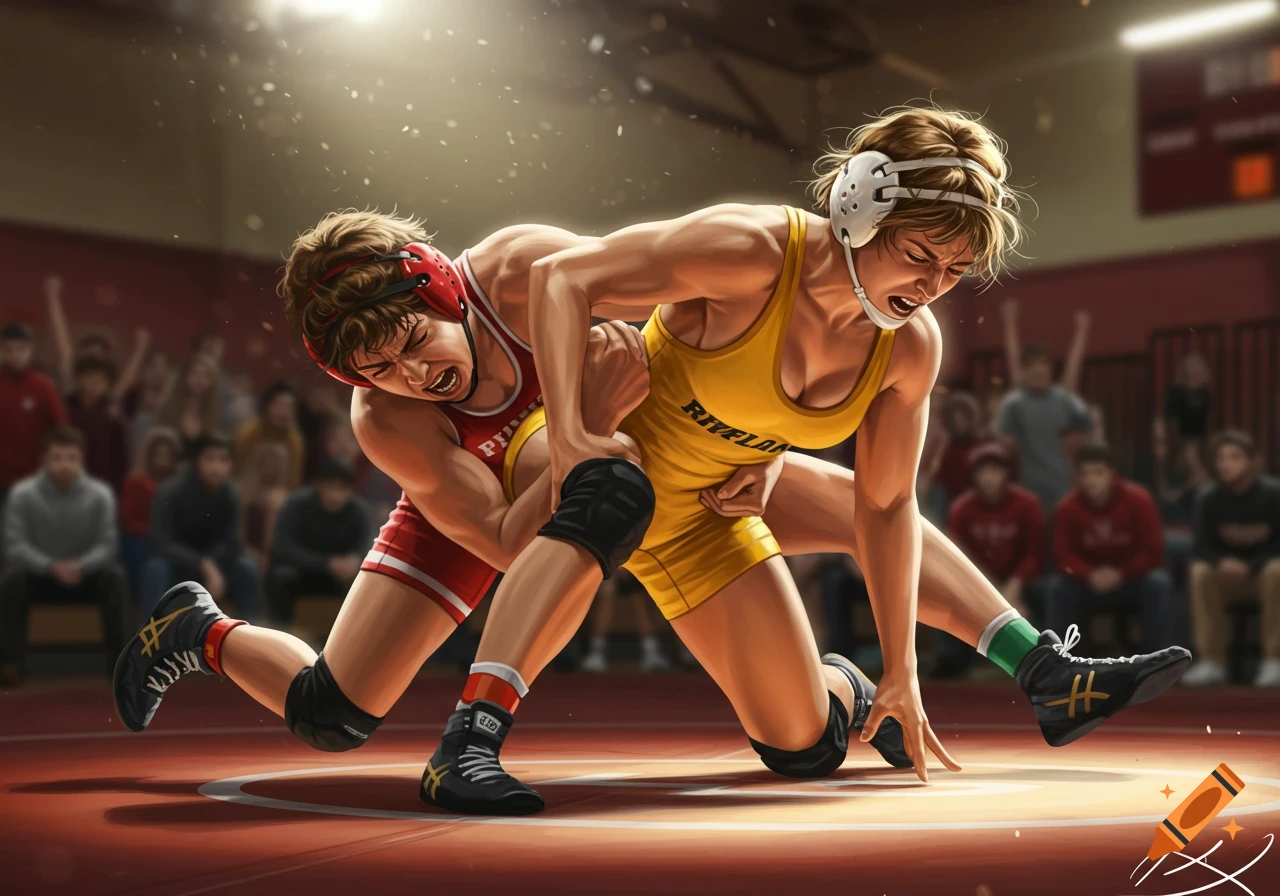 Two female wrestlers grapple on a red mat in a brightly lit gymnasium, one in yellow and one in red singlets, with a blurred crowd in the background.