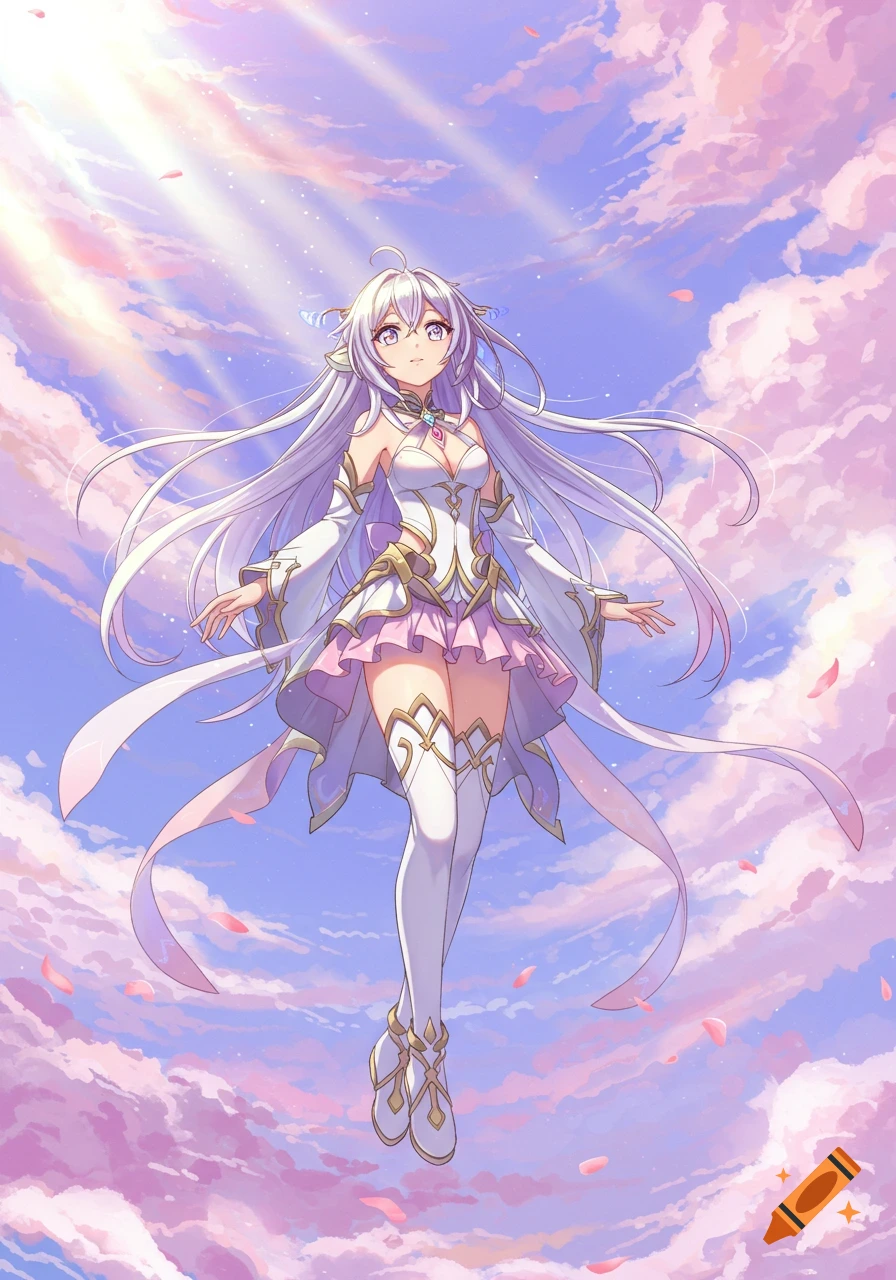 An anime girl with long white hair and a white and pink dress floats among pink clouds in a vibrant sky with sunrays.