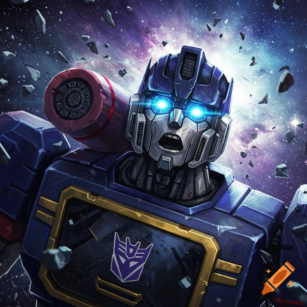 Detailed sci-fi art of Soundwave, a blue and gray robot from Transformers, with glowing blue eyes and an open mouth, appearing shocked against a cosmic background with asteroids.