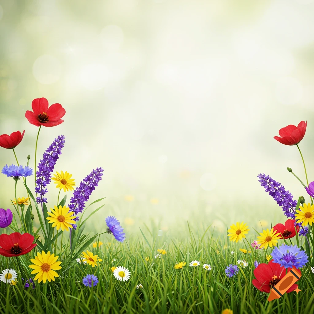 Vibrant colorful wildflowers in green grass with a bright, blurred natural background.