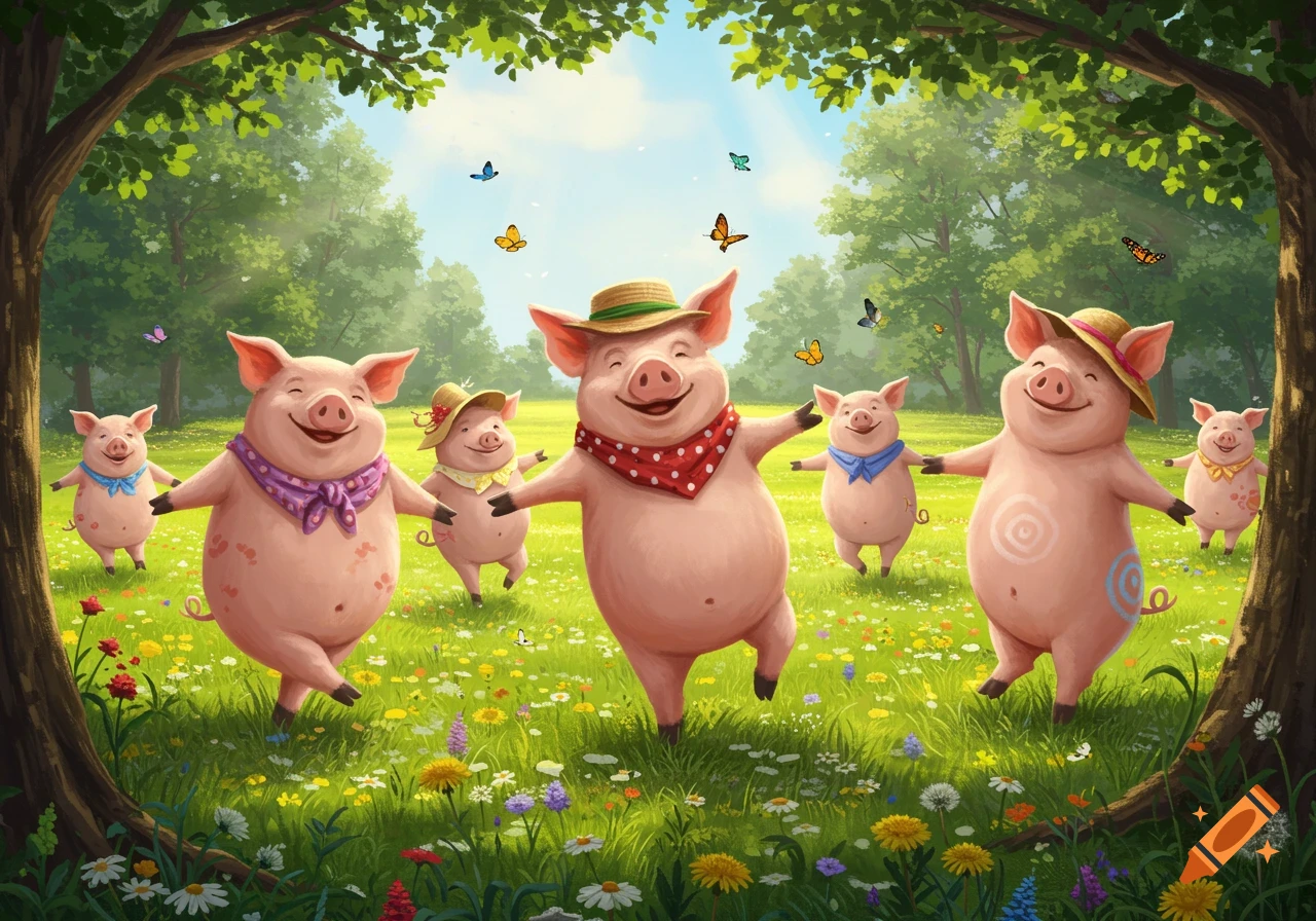 Six happy cartoon pigs wearing bandanas and hats dance in a sunny wildflower field with butterflies.