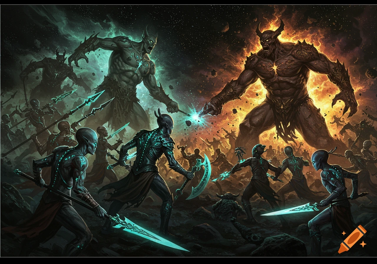 A large-scale fantasy painting of green and orange horned cosmic gods battling smaller blue-glowing alien warriors in a starry void.