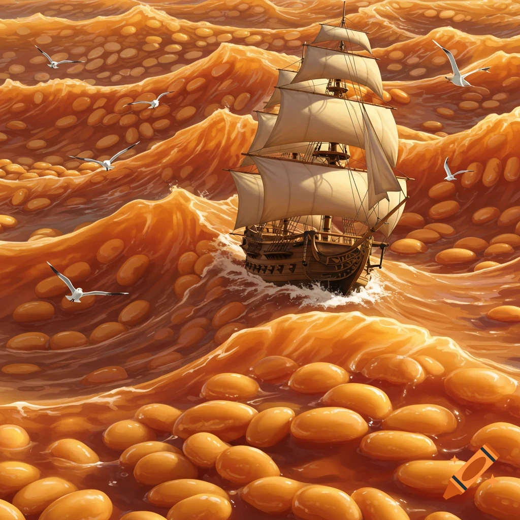 A sailing ship navigates a turbulent, orange-brown sea made entirely of baked beans, with seagulls flying above the waves.