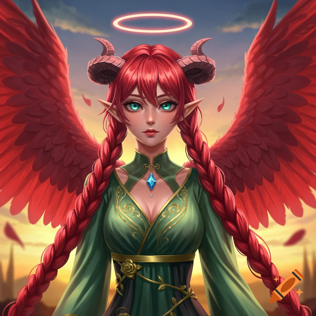 An anime-style portrait of a teenage girl with long red braided hair, turquoise eyes, horns, red angel wings, and a pink halo, wearing a green and black dress with gold accents.