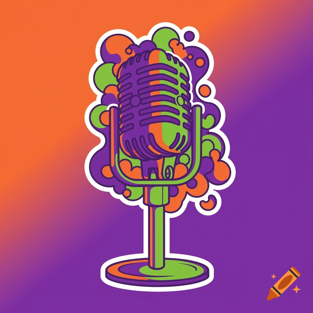 A vibrant, psychedelic graphic sticker of a vintage microphone in purple, orange, and lime green on a gradient background.