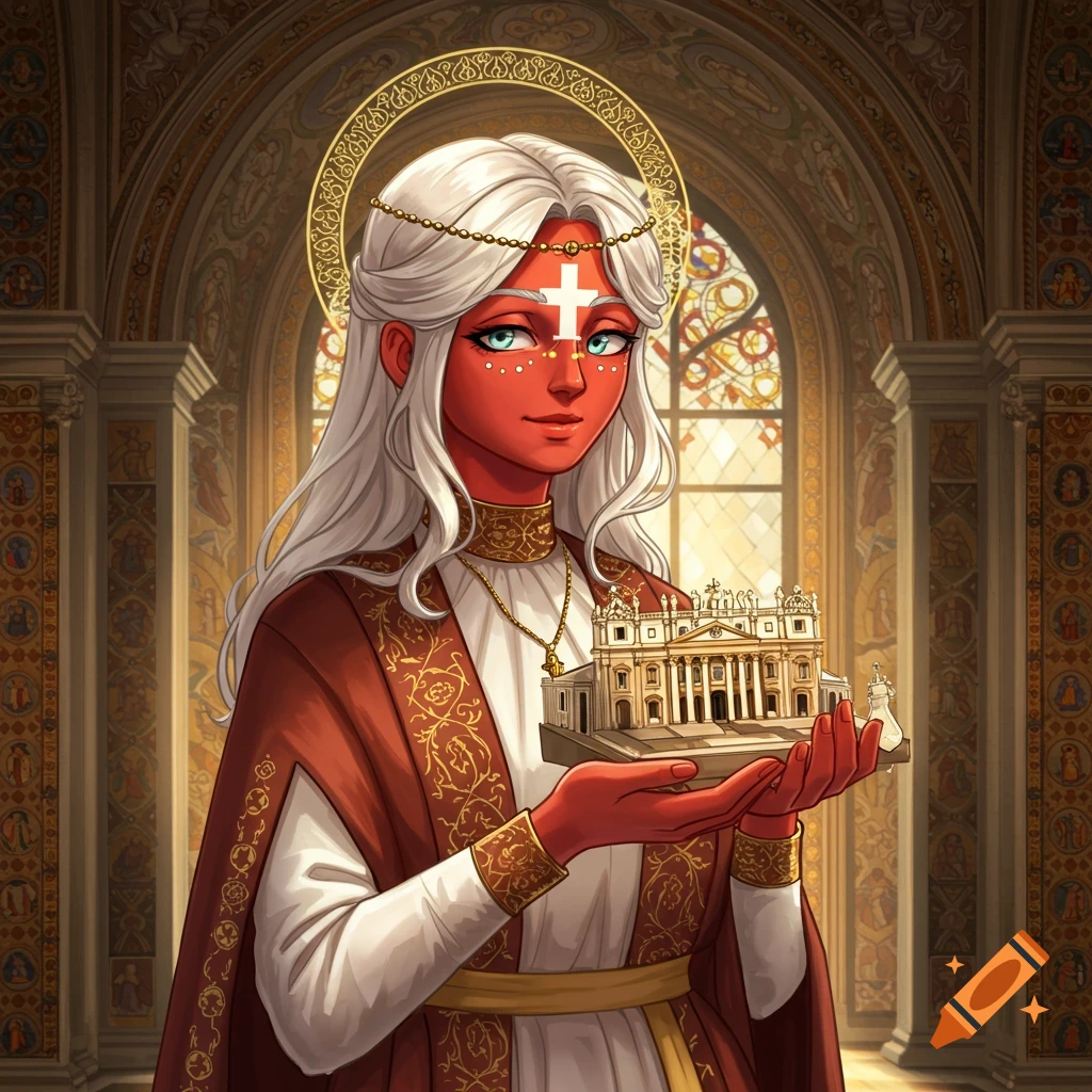 A stylized character with red skin, white hair, and a cross on her forehead, wearing ornate robes and holding a miniature St. Peter's Basilica inside a grand church.
