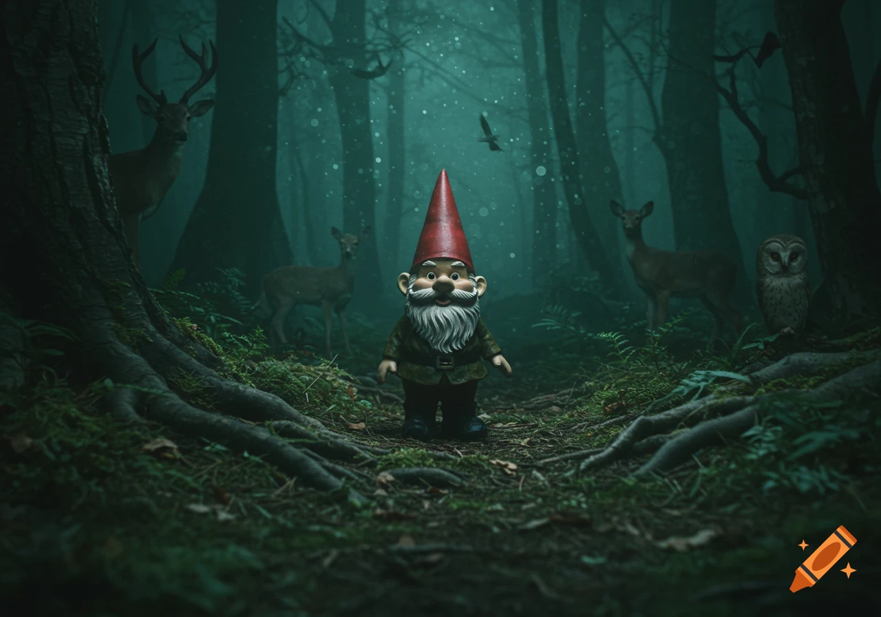 A garden gnome stands on a mossy forest floor, surrounded by deer and an owl in a dark, atmospheric forest.