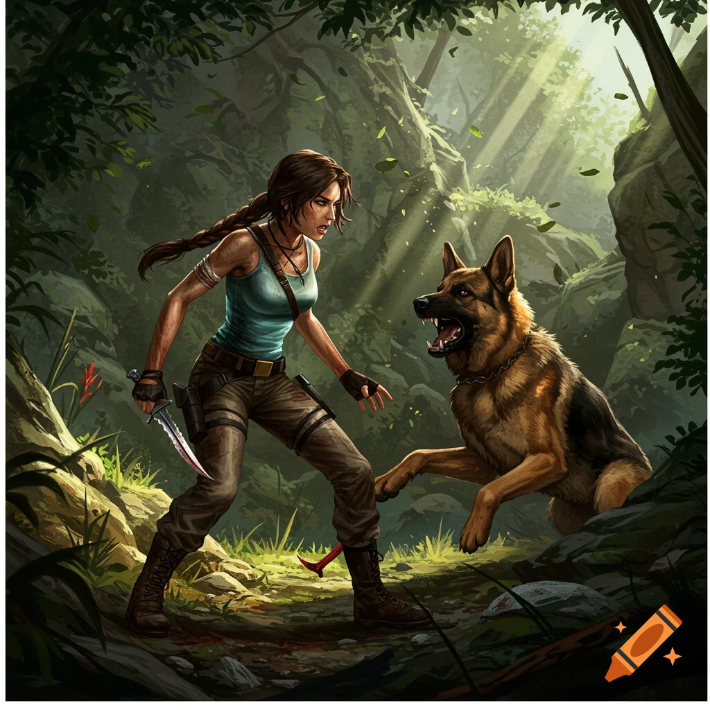 Lara Croft with a knife confronts an aggressive German Shepherd in a lush, sun-dappled jungle.
