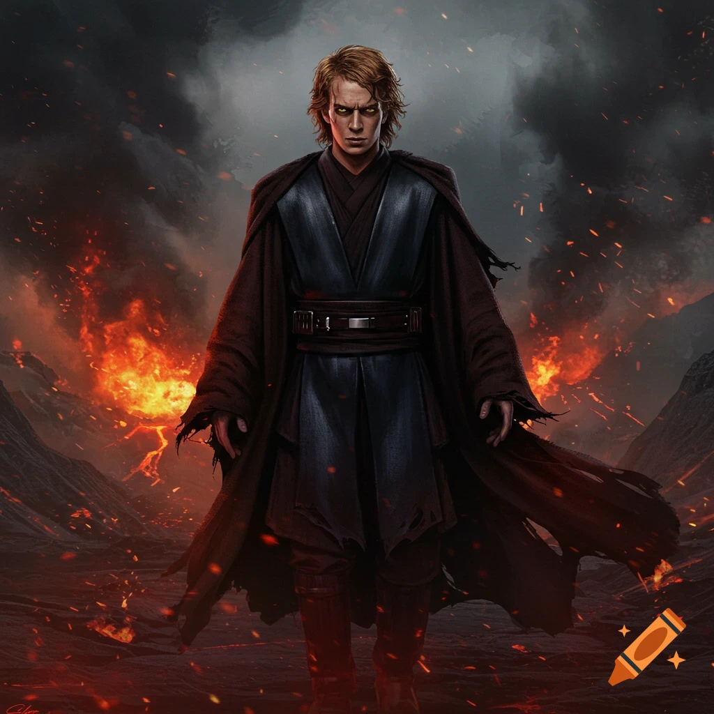 Anakin Skywalker in torn robes with glowing yellow eyes stands amid volcanic ash, smoke, and fire, in a hyper-realistic digital painting.
