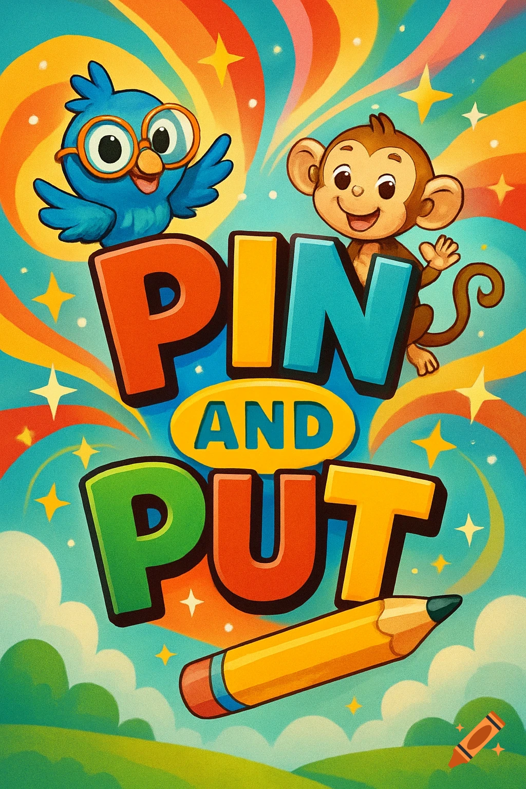 Colorful cartoon poster with a blue bird and a brown monkey above the text 'PIN AND PUT' and a yellow pencil.