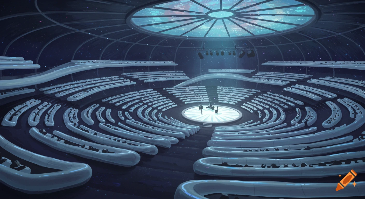Futuristic spherical concert hall with a central circular stage and layered, curved white seating. Domed ceiling shows a starry sky.