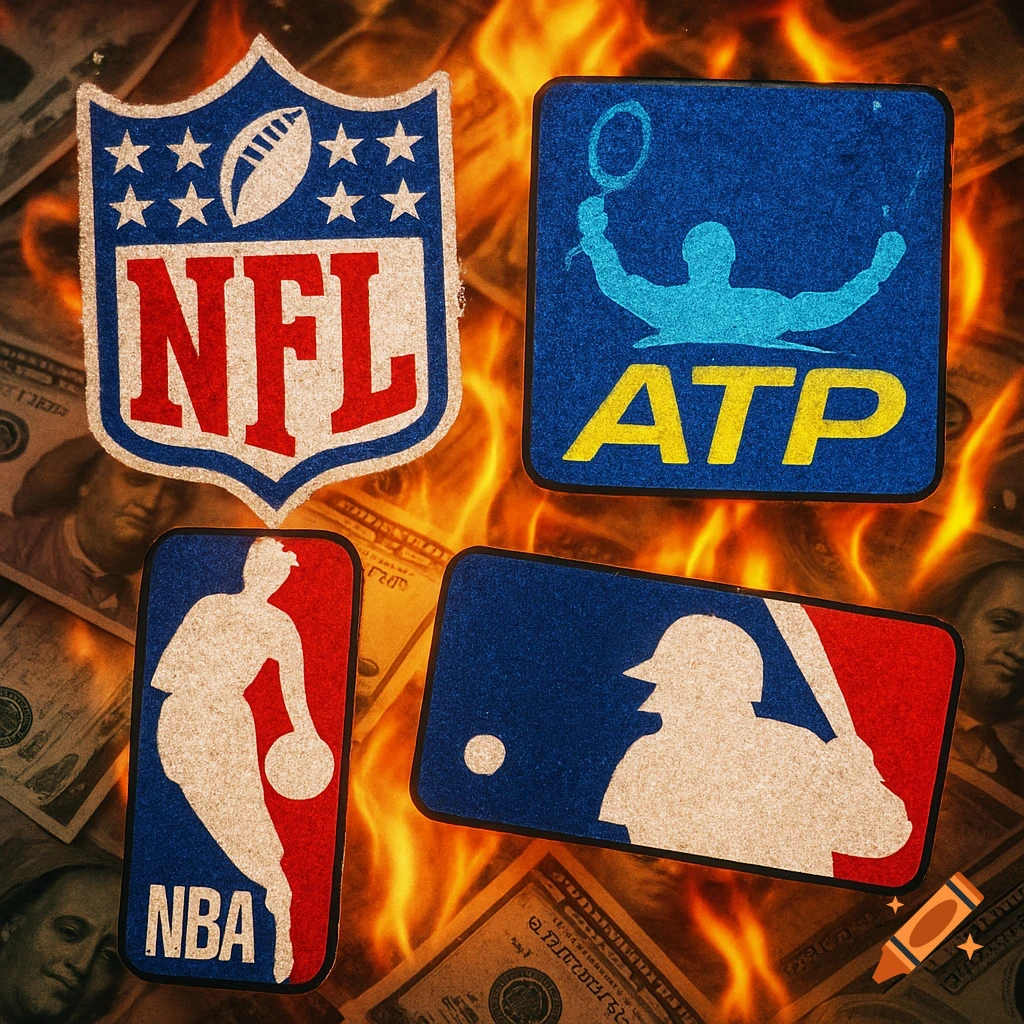 NFL, ATP, NBA, and MLB logos are shown with money and flames in the background.