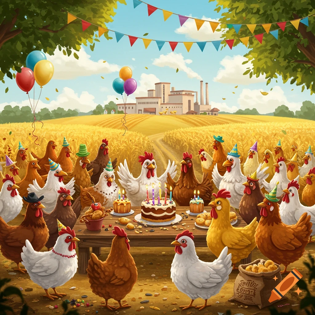 Cartoon chickens in party hats celebrate around a table with cakes and food in a golden field. A factory is in the background under a blue sky with balloons and colorful banners.