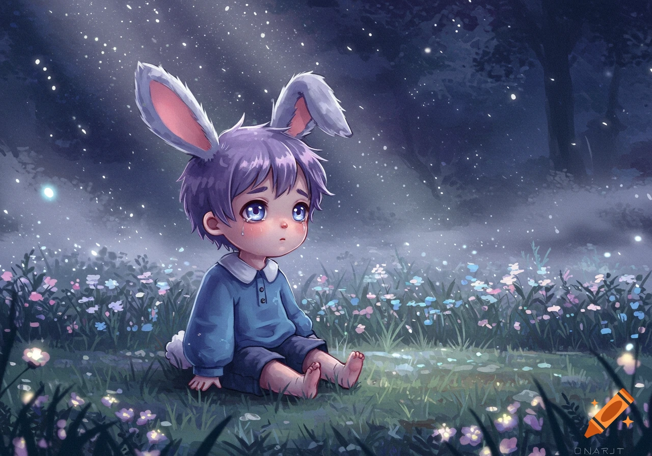 A sad anime-style boy with purple hair and bunny ears cries while sitting in a field of glowing wildflowers at night.