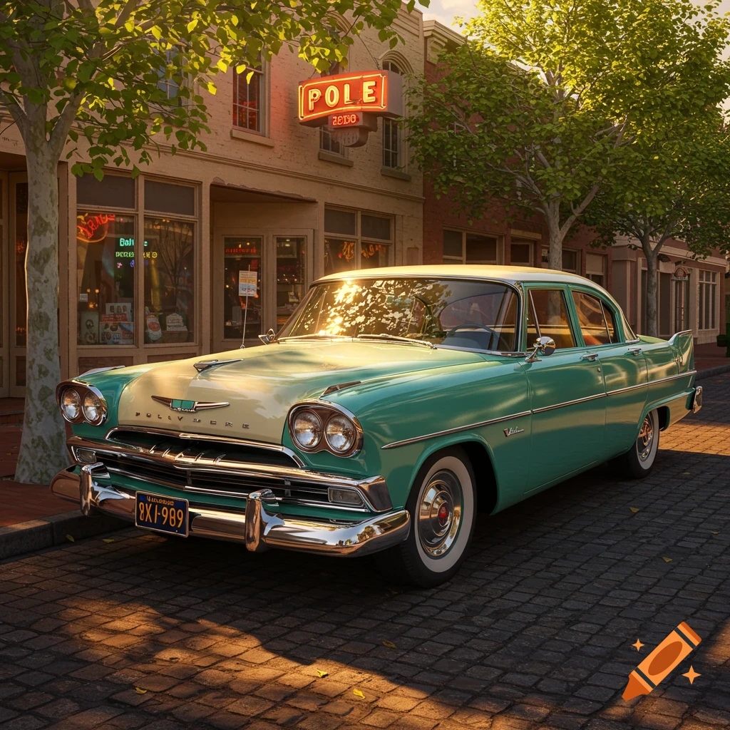A photorealistic image of a vintage two-tone green and cream car parked on a cobbled street in front of a building with a neon sign at sunset.