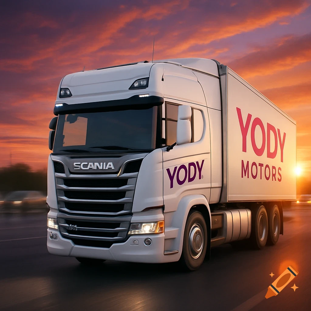 A white Scania truck with 'YODY MOTORS' branding drives on a highway under a vibrant orange and purple sunset sky.