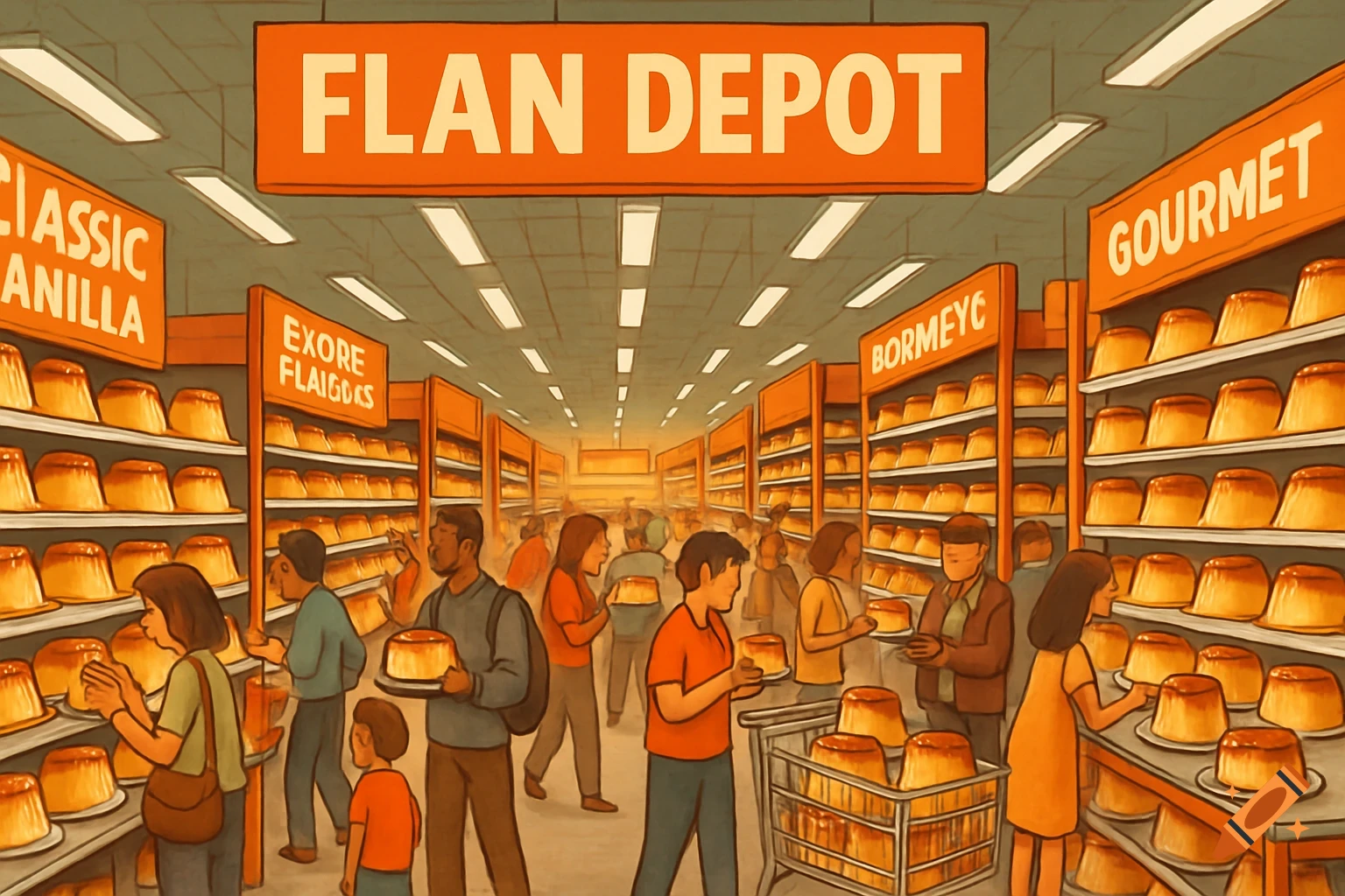 A bustling, illustrated scene inside a Home Depot-style store named 'Flan Depot,' filled with rows upon rows of flan on shelves and people shopping for them.