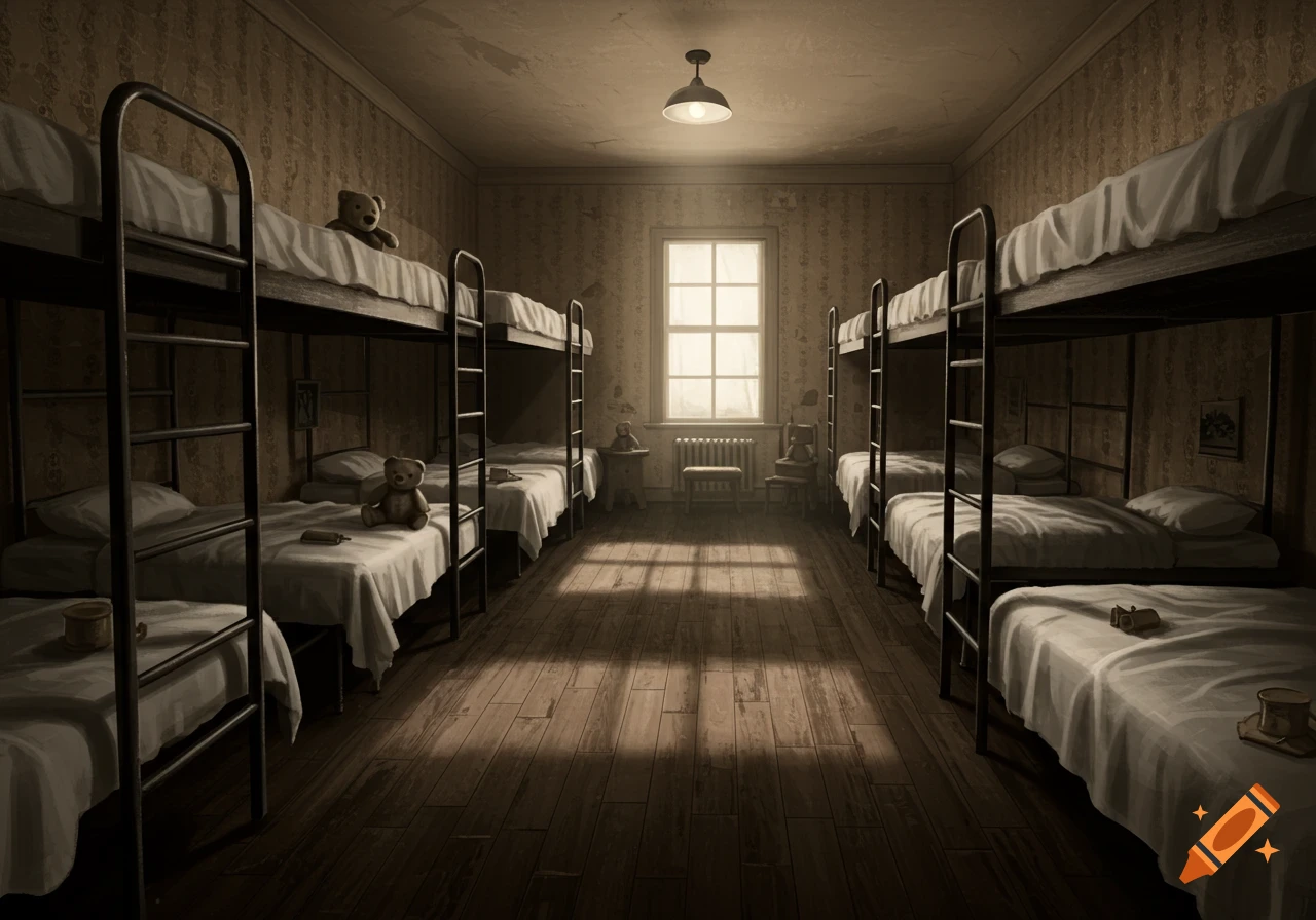 A dimly lit room in a 1930s orphanage with rows of empty bunk beds, a central window, and light filtering onto the wooden floor.