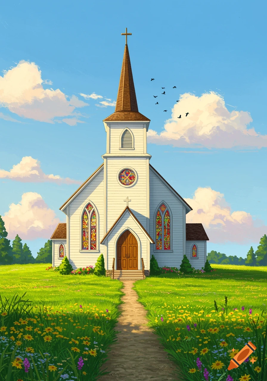A white church with a steeple and stained-glass windows stands in a green field with wildflowers under a blue sky.