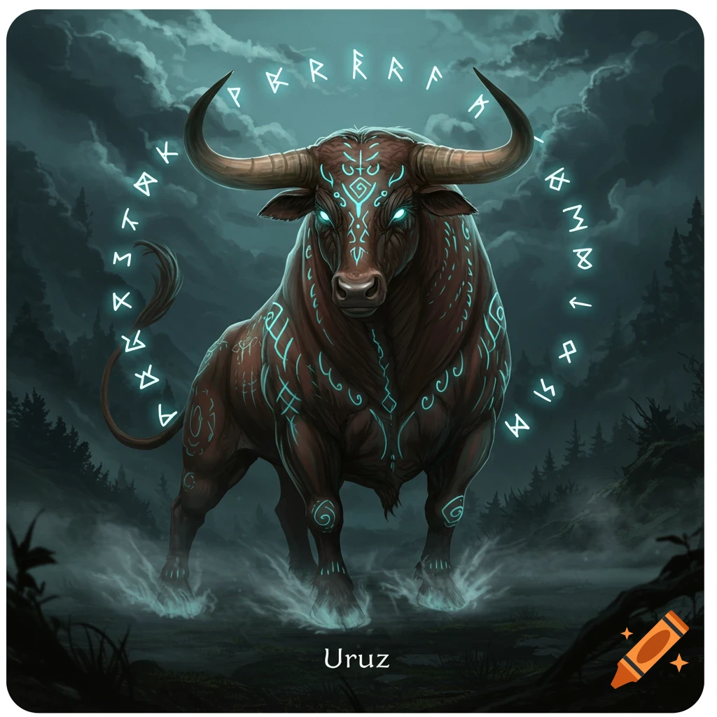 A mystical brown bull covered in glowing blue runes stands in a dark, misty forest, with glowing light around its hooves. The word 'Uruz' is at the bottom.
