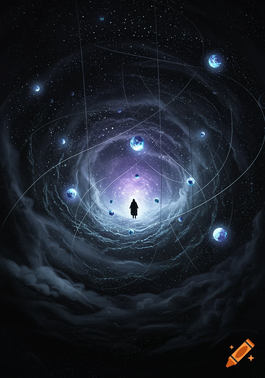 A lone figure stands in a dark, swirling cosmic void, surrounded by glowing planets, stars, and abstract lines, with a bright light in the distance.