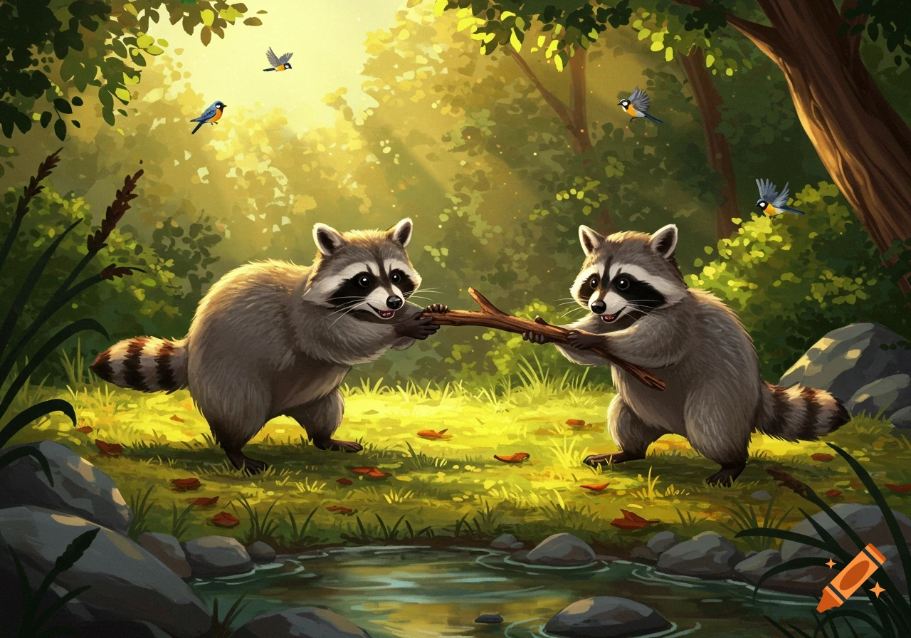 Two cartoon raccoons tugging on a stick in a sunlit forest next to a pond, with birds flying.