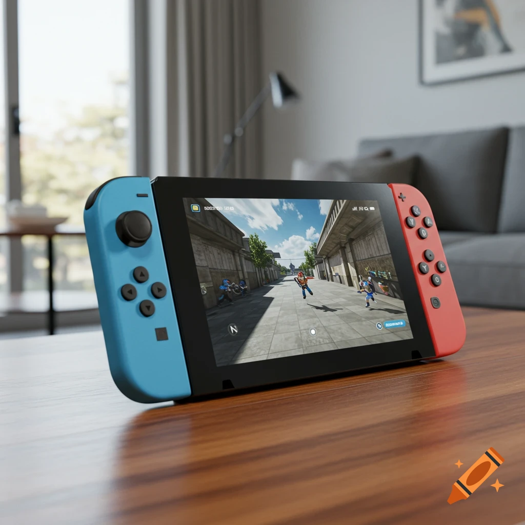 A Nintendo Switch console displaying a video game on its screen, resting on a wooden table in a living room.