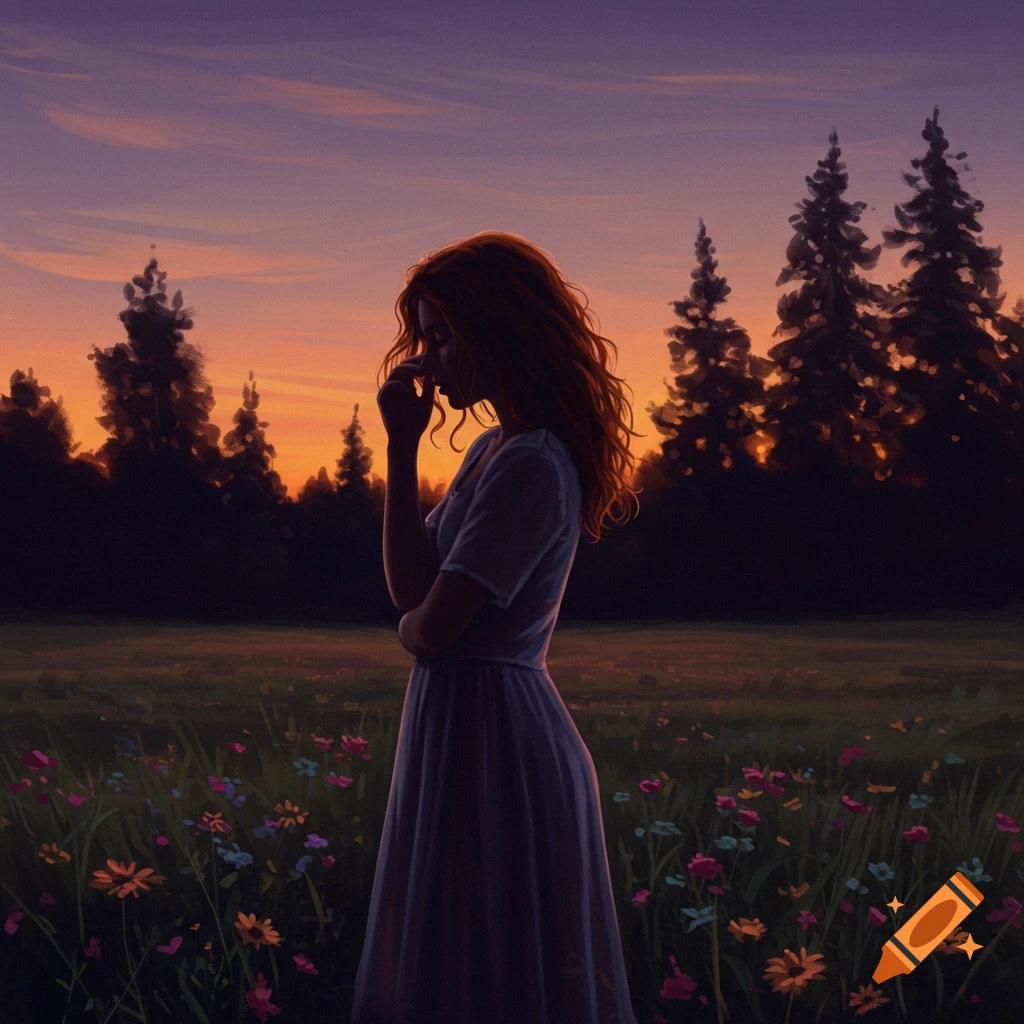 A woman with red hair stands in a field of wildflowers at sunset, hand near her face, in an illustrative style.