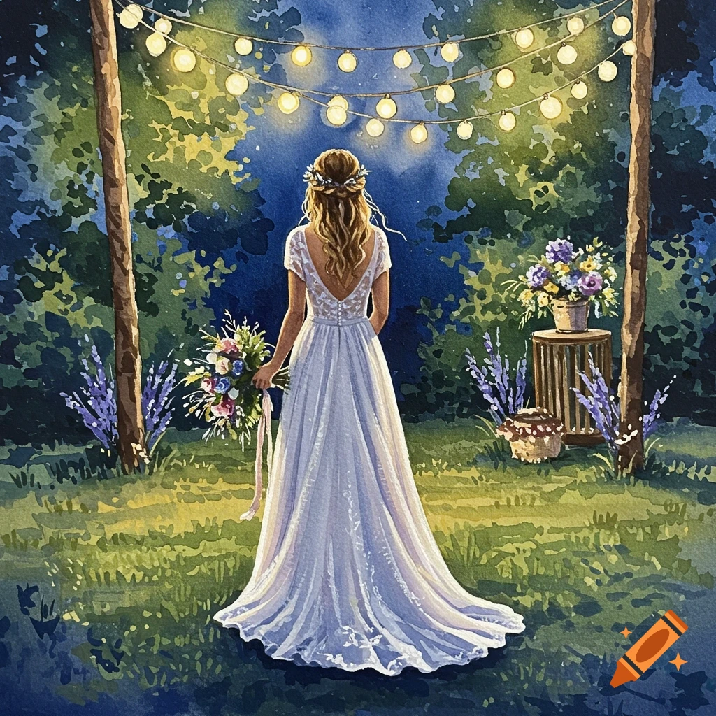 Watercolor illustration of a bride in a white dress with a bouquet, standing in an outdoor evening setting with fairy lights.