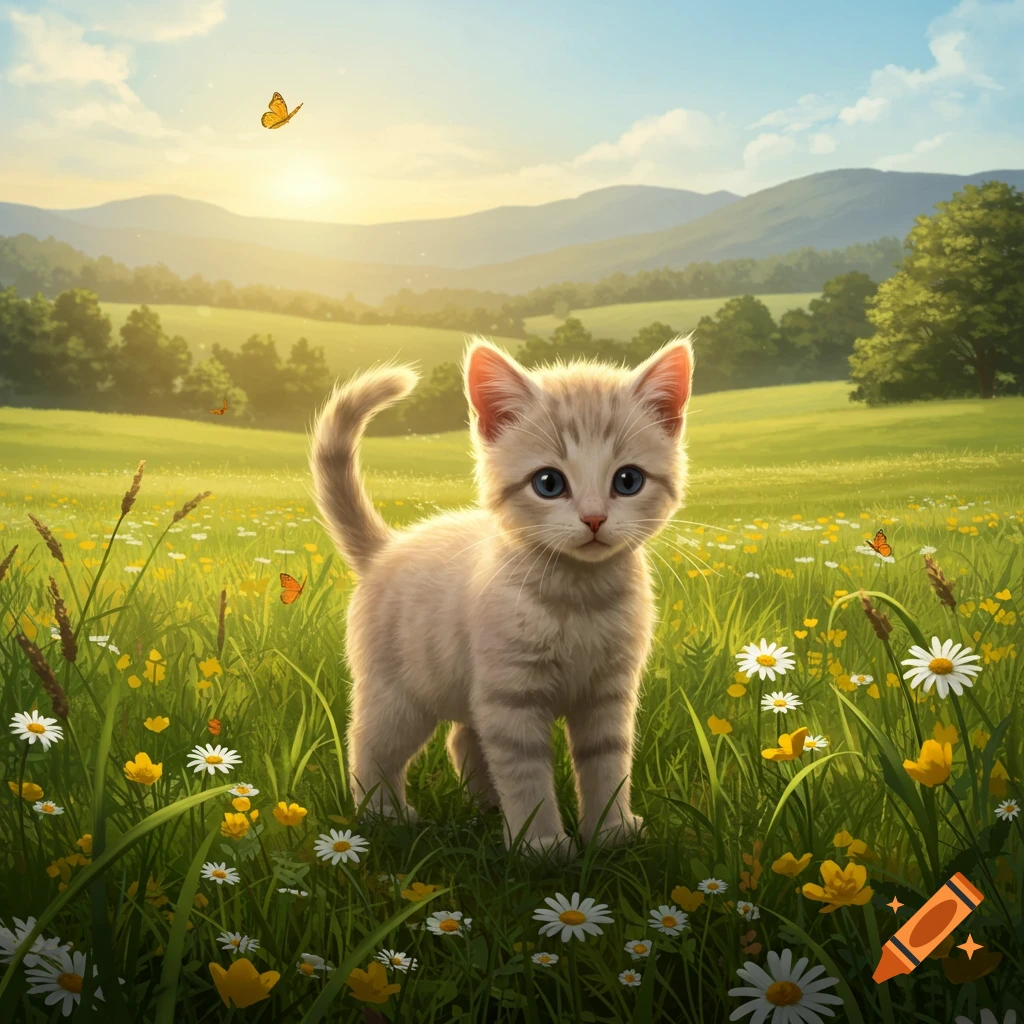 A cute, fluffy kitten with blue eyes stands in a lush green meadow filled with yellow and white wildflowers under a bright sunny sky with butterflies.