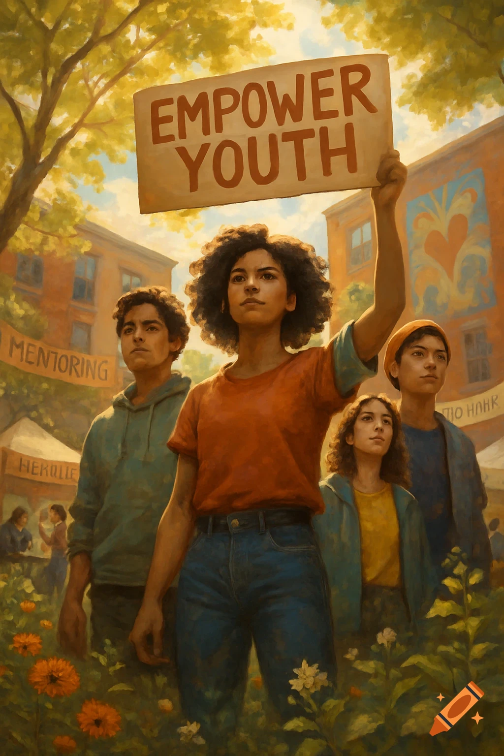 A group of young people in a painterly style, with a central figure holding a sign that reads "EMPOWER YOUTH" at an outdoor community event.