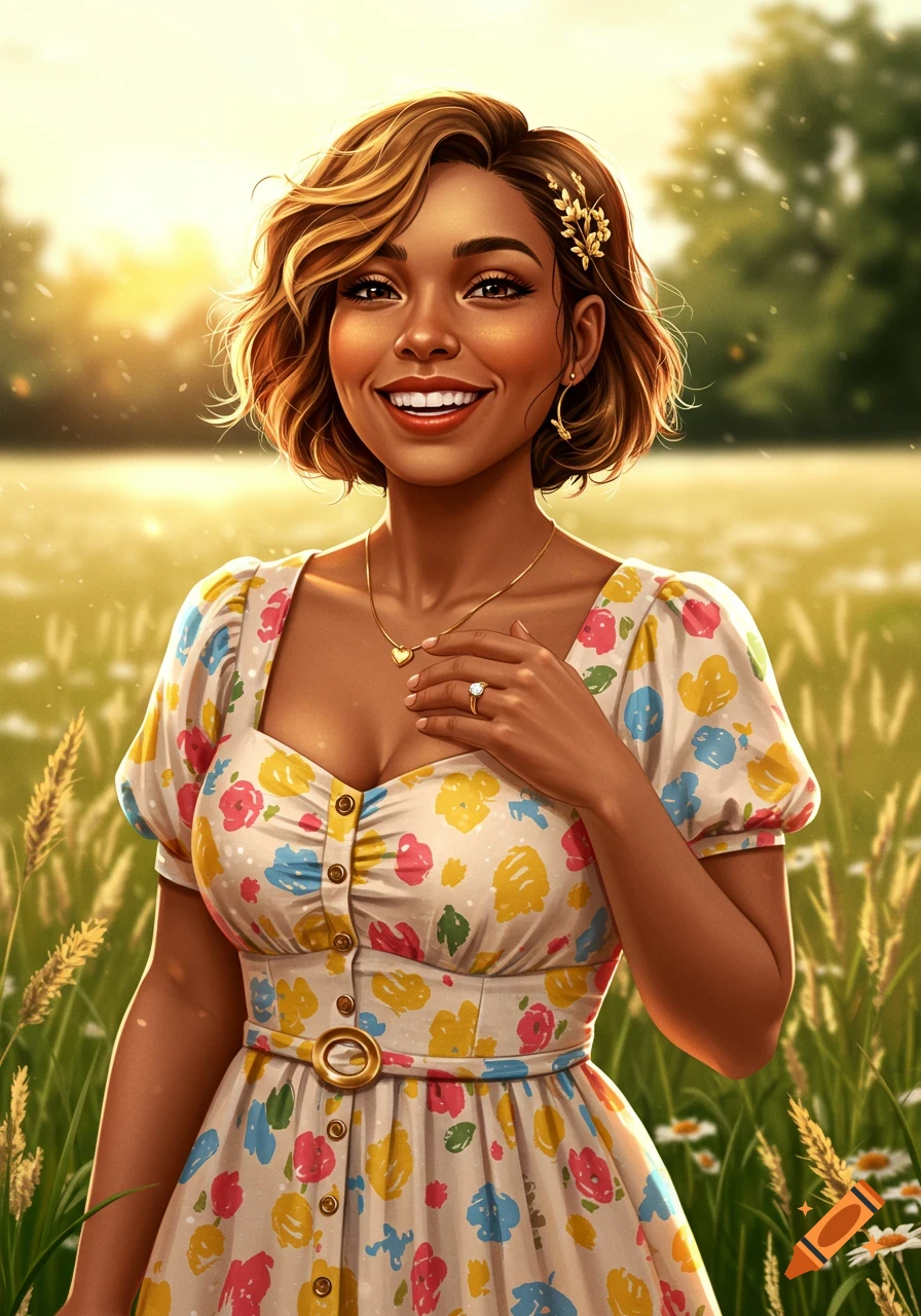 A happy woman with short brown hair, wearing a floral sundress and jewelry, smiling in a sunny field.