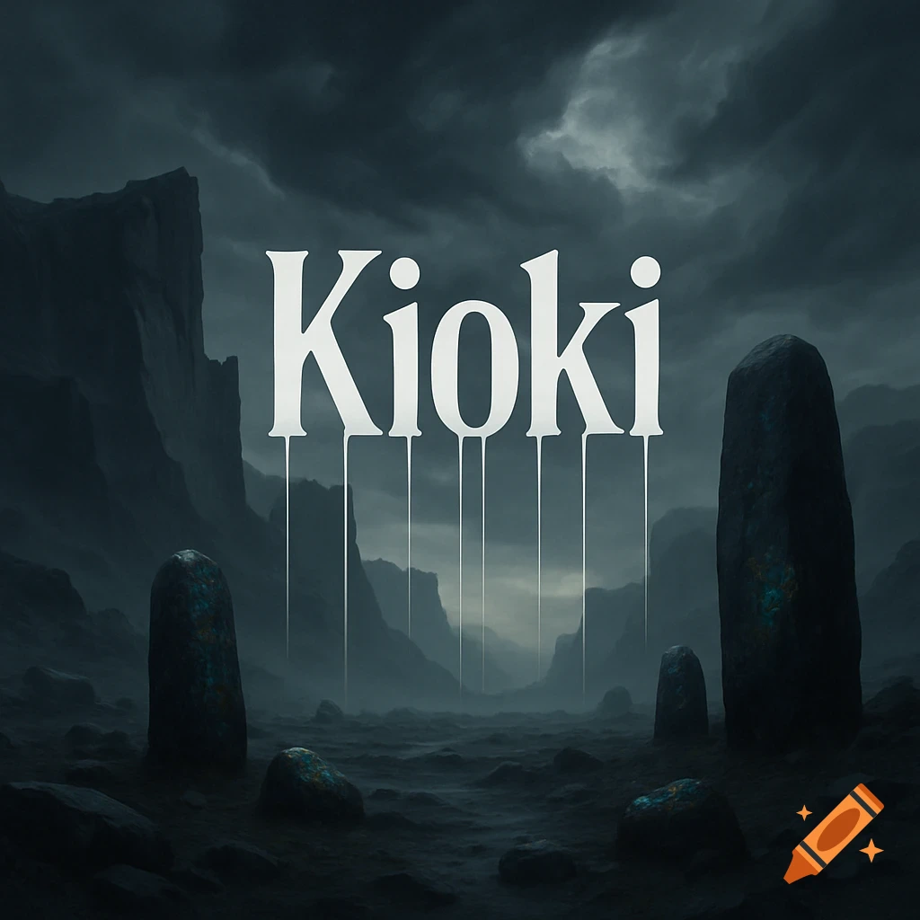 Dark, moody landscape with large stone monoliths and the stylized word 'Kioki' with dripping lines.