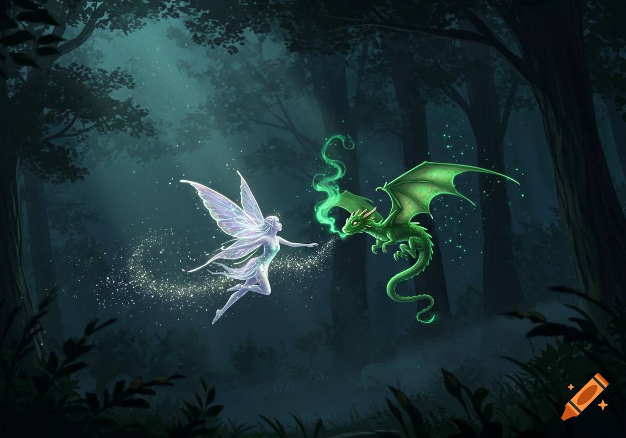 A glowing fairy with iridescent wings floats towards a small green dragon emitting green smoke in a dark, mystical forest.