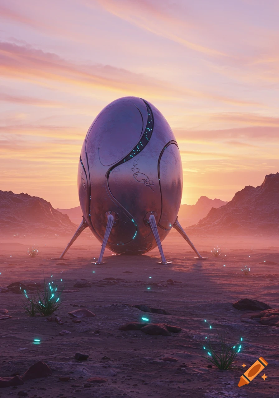 A metallic alien egg-shaped lander stands on a desolate, rocky planet surface under a vibrant sunset sky, with glowing blue alien flora.