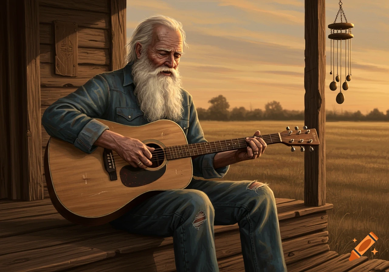 An old man with a long white beard sits on a wooden porch, playing an acoustic guitar at sunset in a golden field.