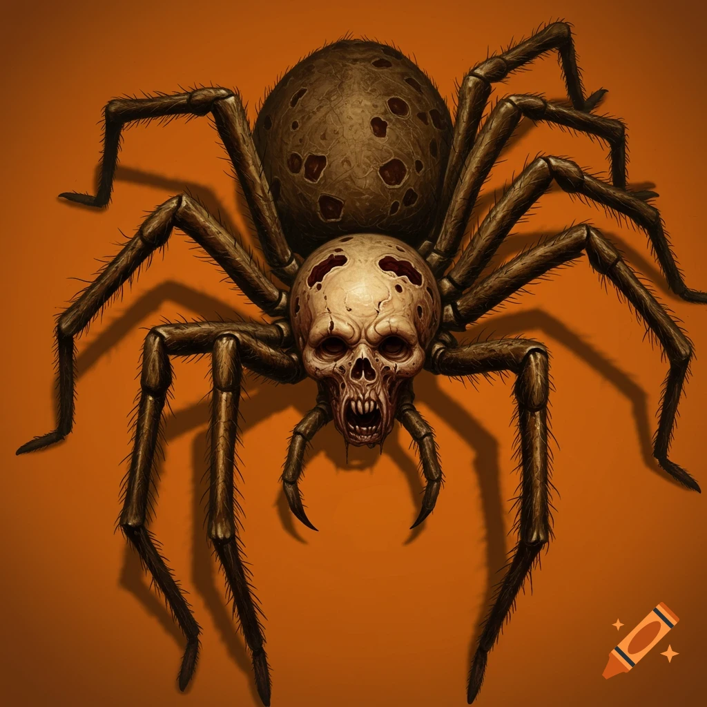 A terrifying spider with a skull-like head and prominent fangs, in a Boris Vallejo style, against a burnt orange background.