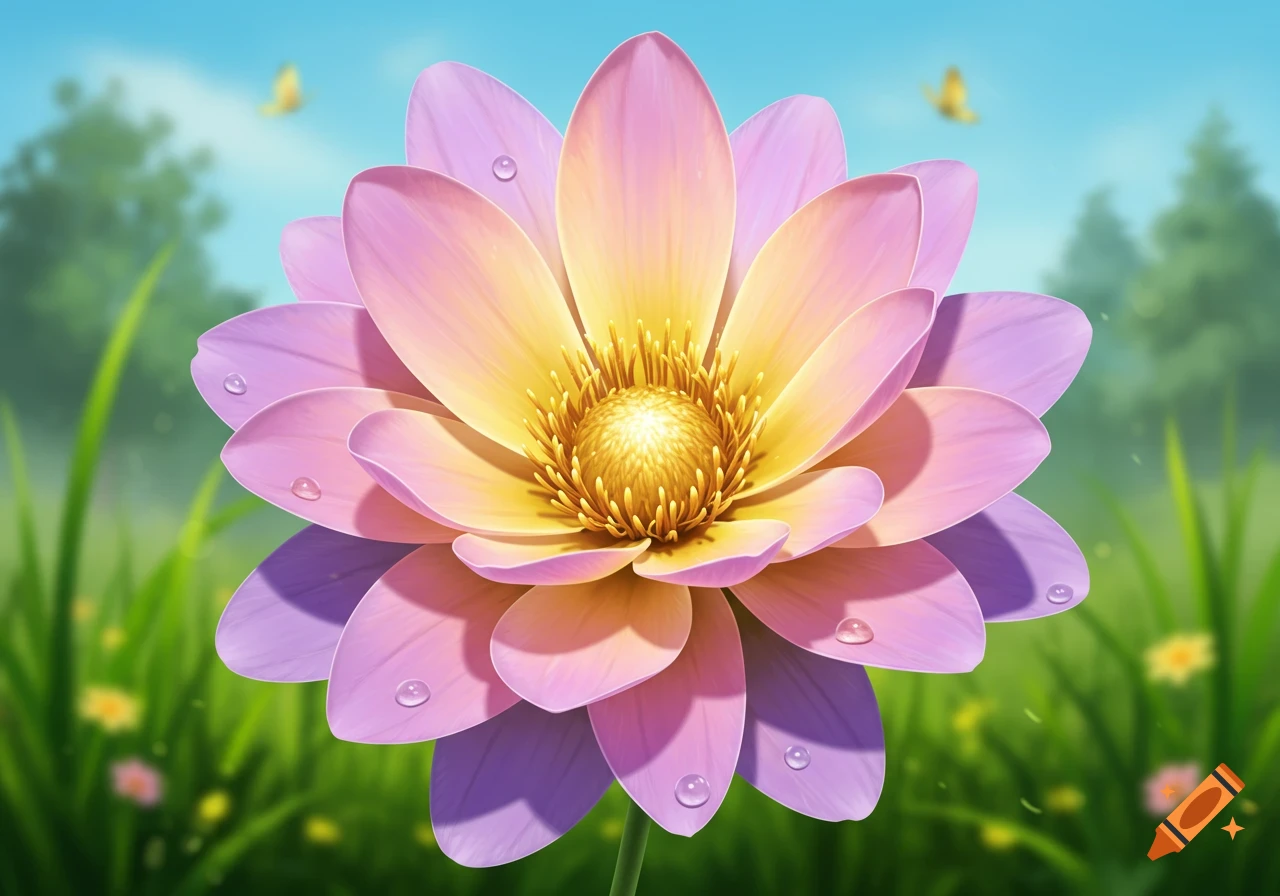 A vibrant pink and yellow lotus-like flower with water droplets on its petals, set against a blurry green field and blue sky with two faint butterflies.
