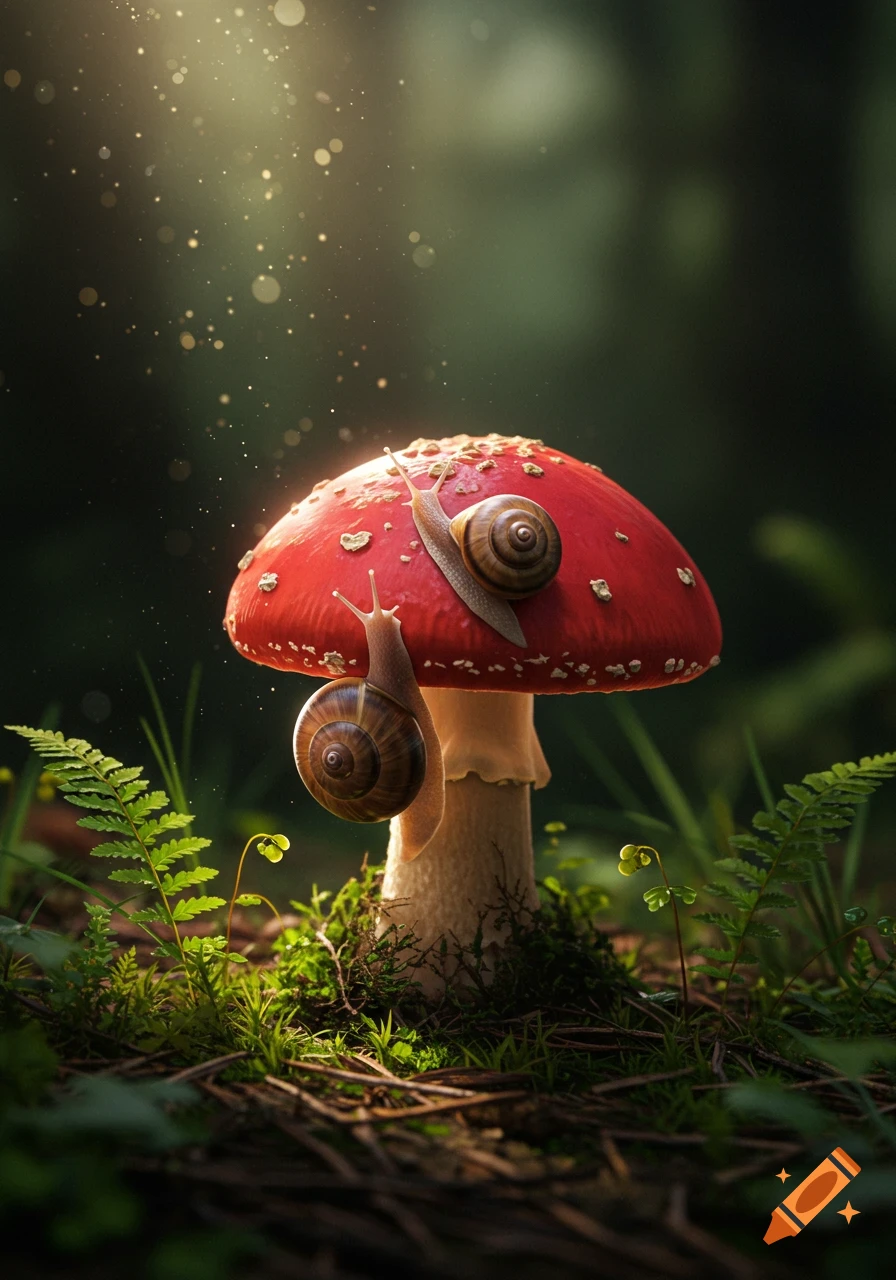 Two snails on a vibrant red mushroom amidst lush forest foliage with sparkling light.