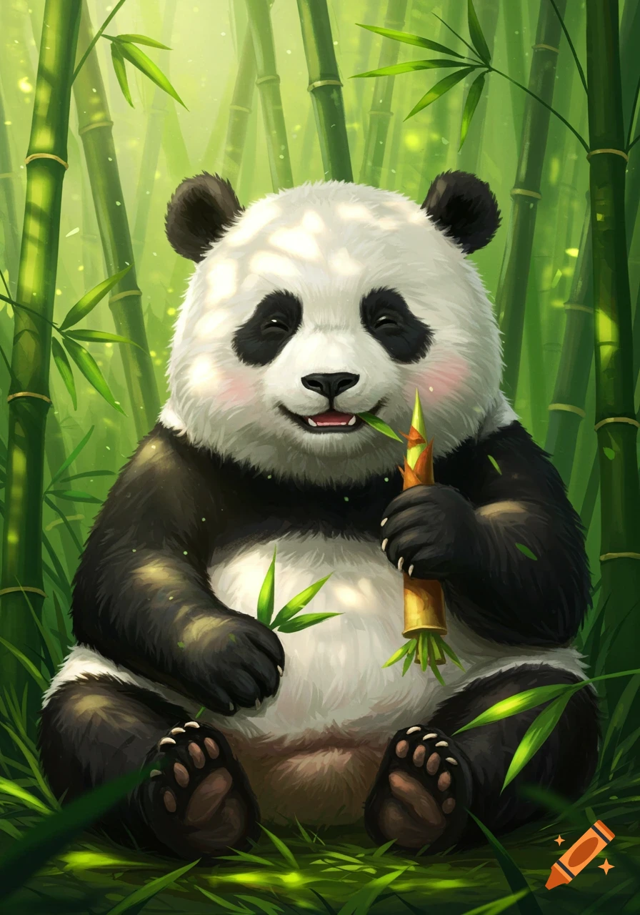 An adorable panda sits smiling in a bamboo forest, munching on a bamboo shoot. Illustrated style.