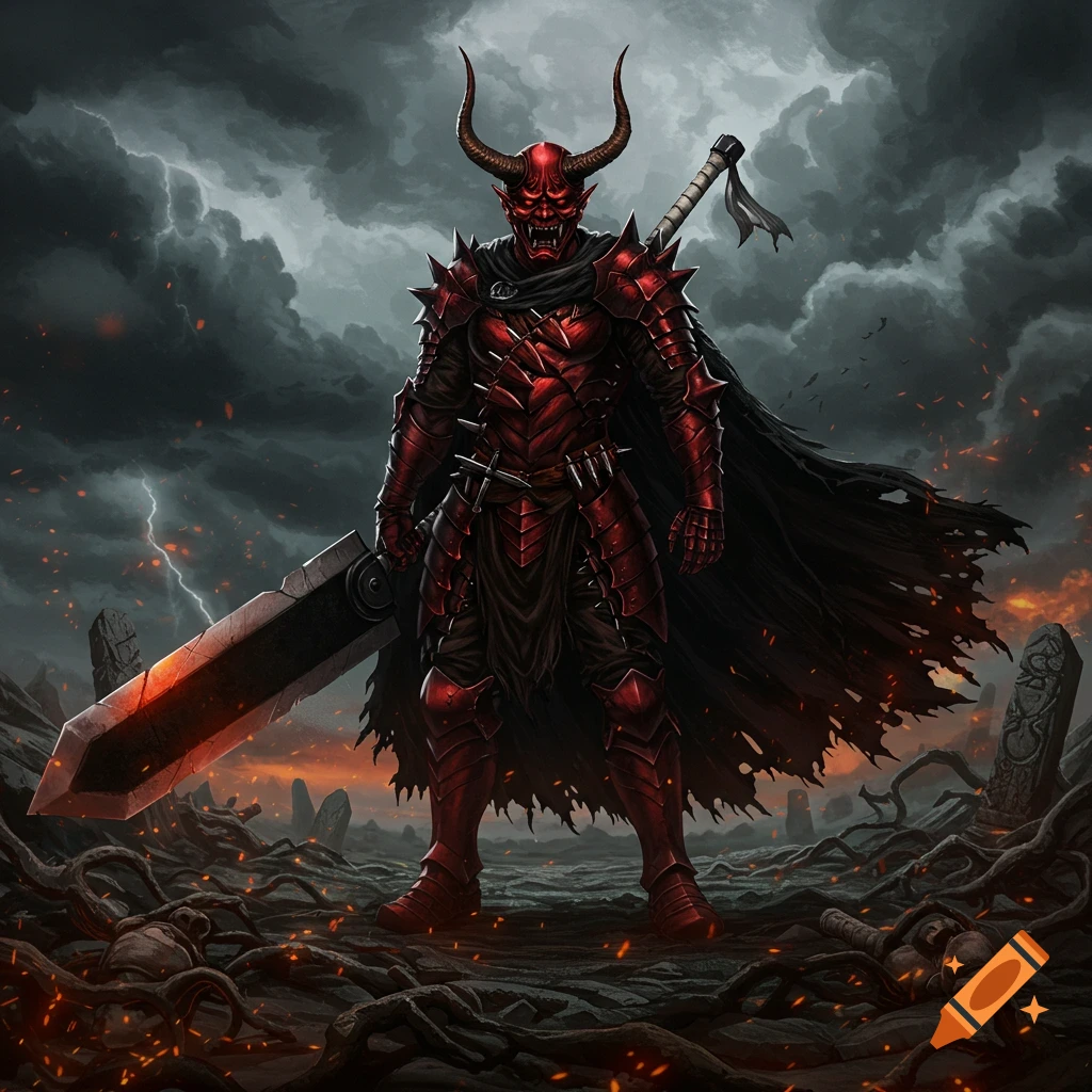 A full-body image of a red-armored, horned demon warrior holding a massive sword, standing in a desolate, stormy landscape with lightning and fire sparks.