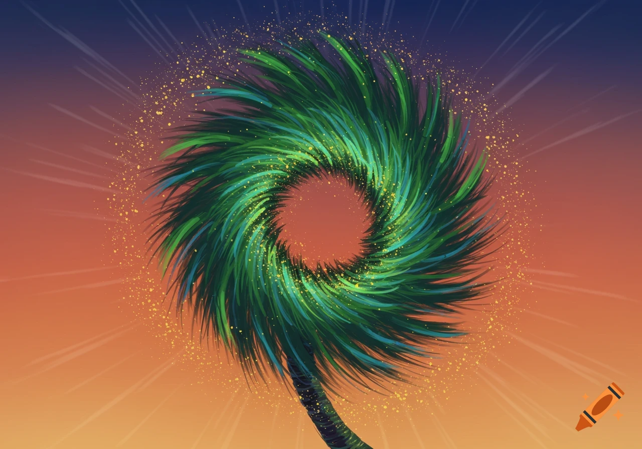 A stylized palm tree with spiraling green fronds forming a circle, set against a vibrant orange and blue sky with golden light.