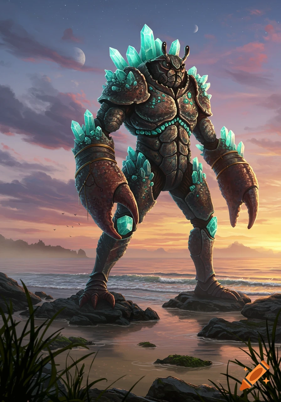 A giant crab humanoid creature covered in glowing teal crystals stands on rocks by the ocean at sunset.