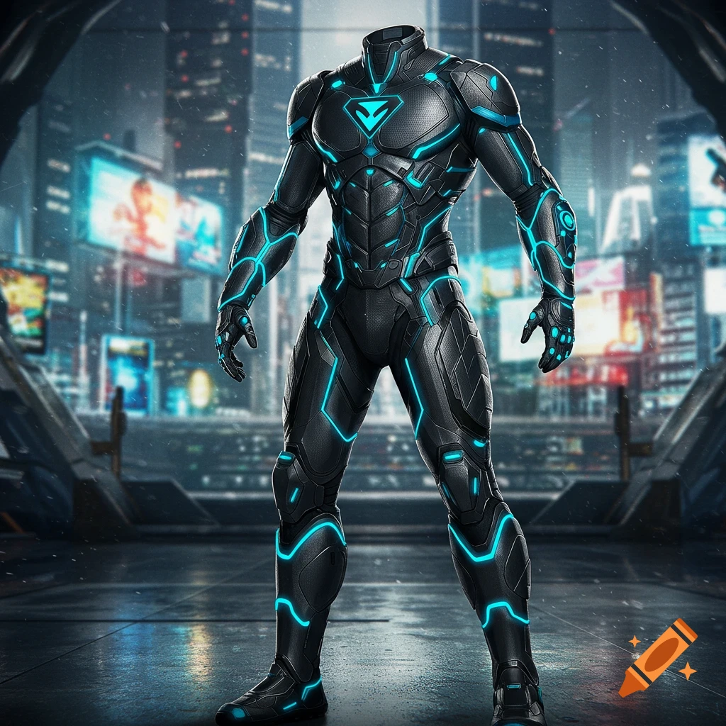 A black and blue futuristic armored suit with glowing teal lines stands in a neon-lit city at night.
