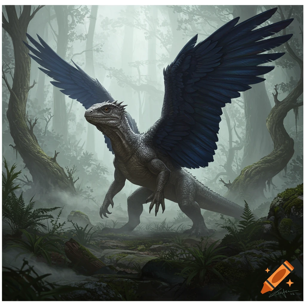 A large grey, scaly creature with huge dark blue raven wings stands in a misty, ancient forest.